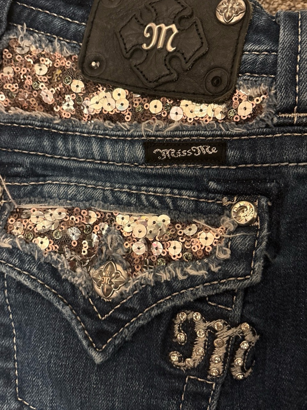 Miss Me Women's Denim Jeans with Rose Gold Sequin Accents - Blue